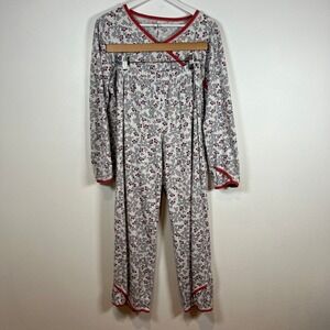 Garnet Hill Asian Wrap Pajama Set Womens M Organic Cotton Floral Long Sleeve